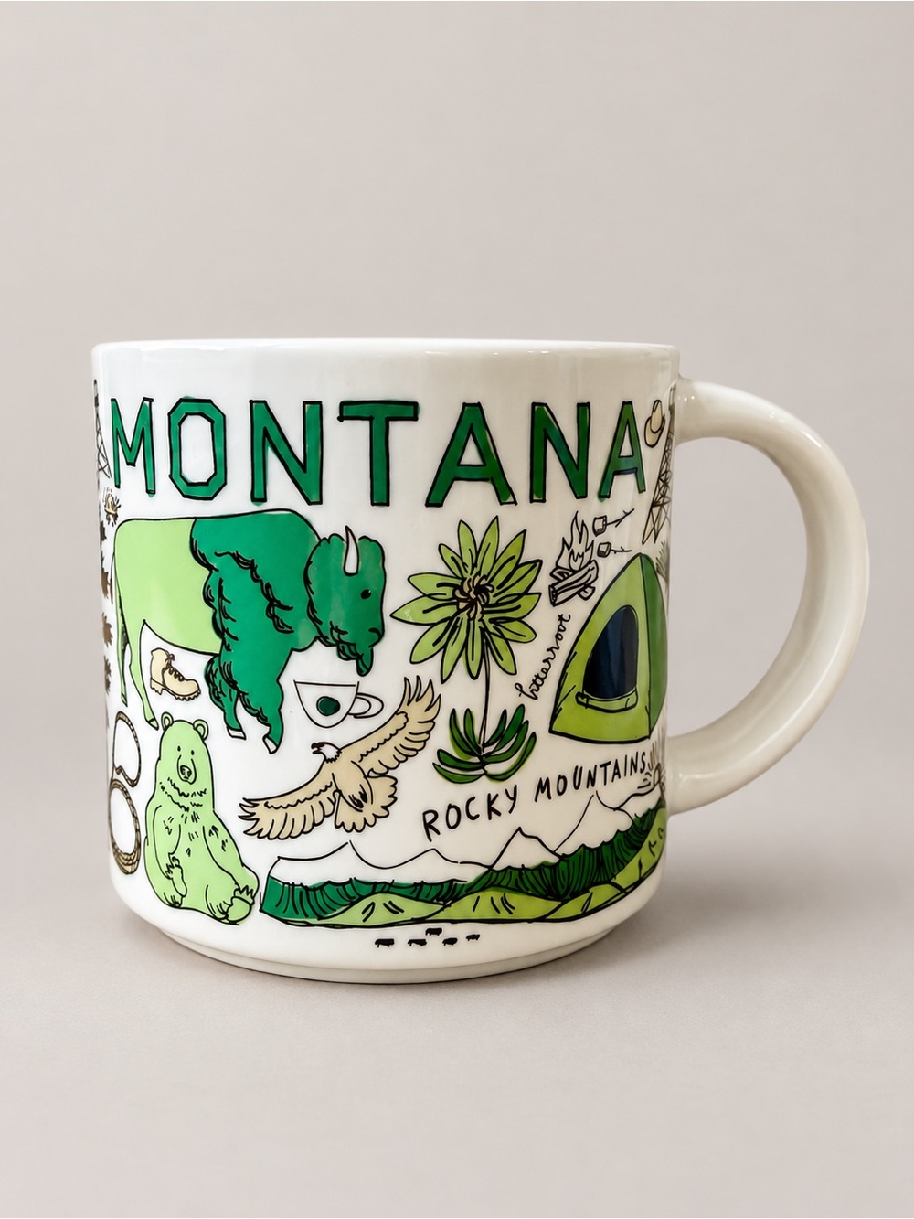 Starbucks Montana Mug Rocky Mountains Bison Bear Camping Green Ceramic - Picture 2 of 5